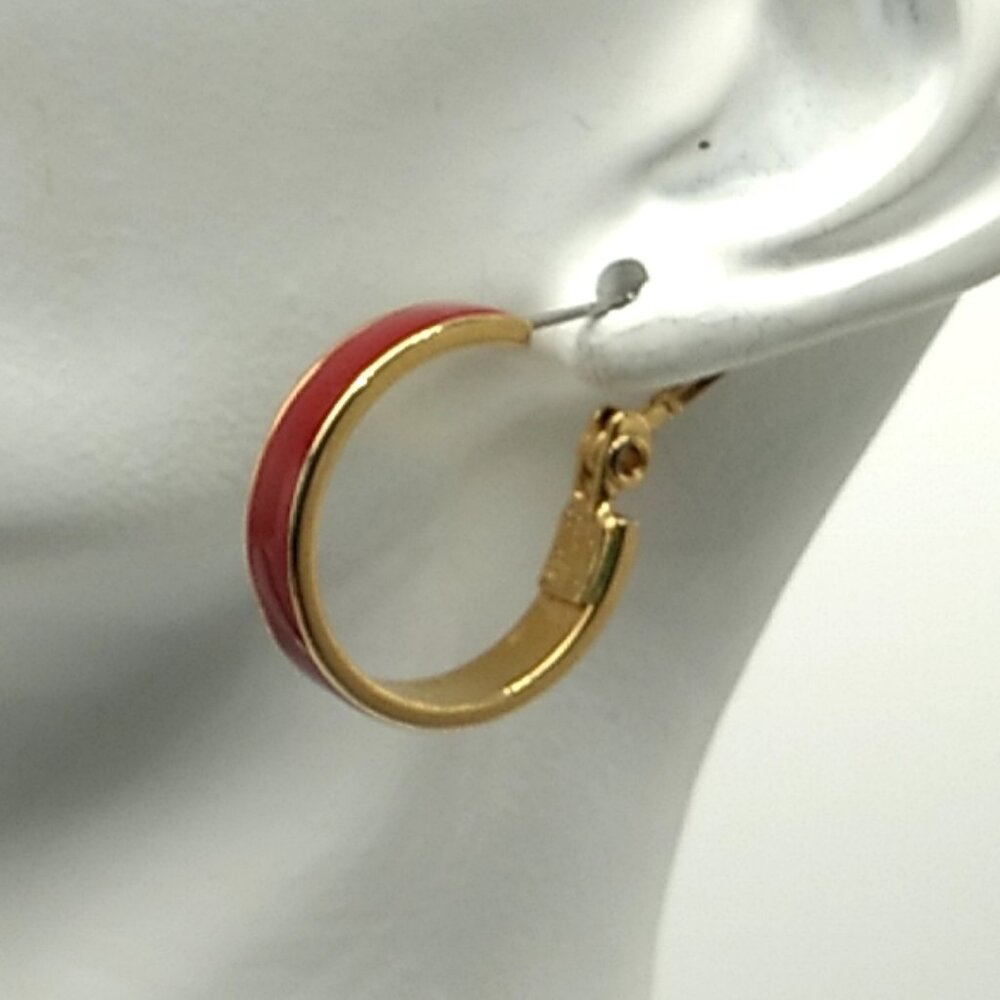 Vintage MONET Red Enamel Inlay Hoop Earrings Gold-Tone